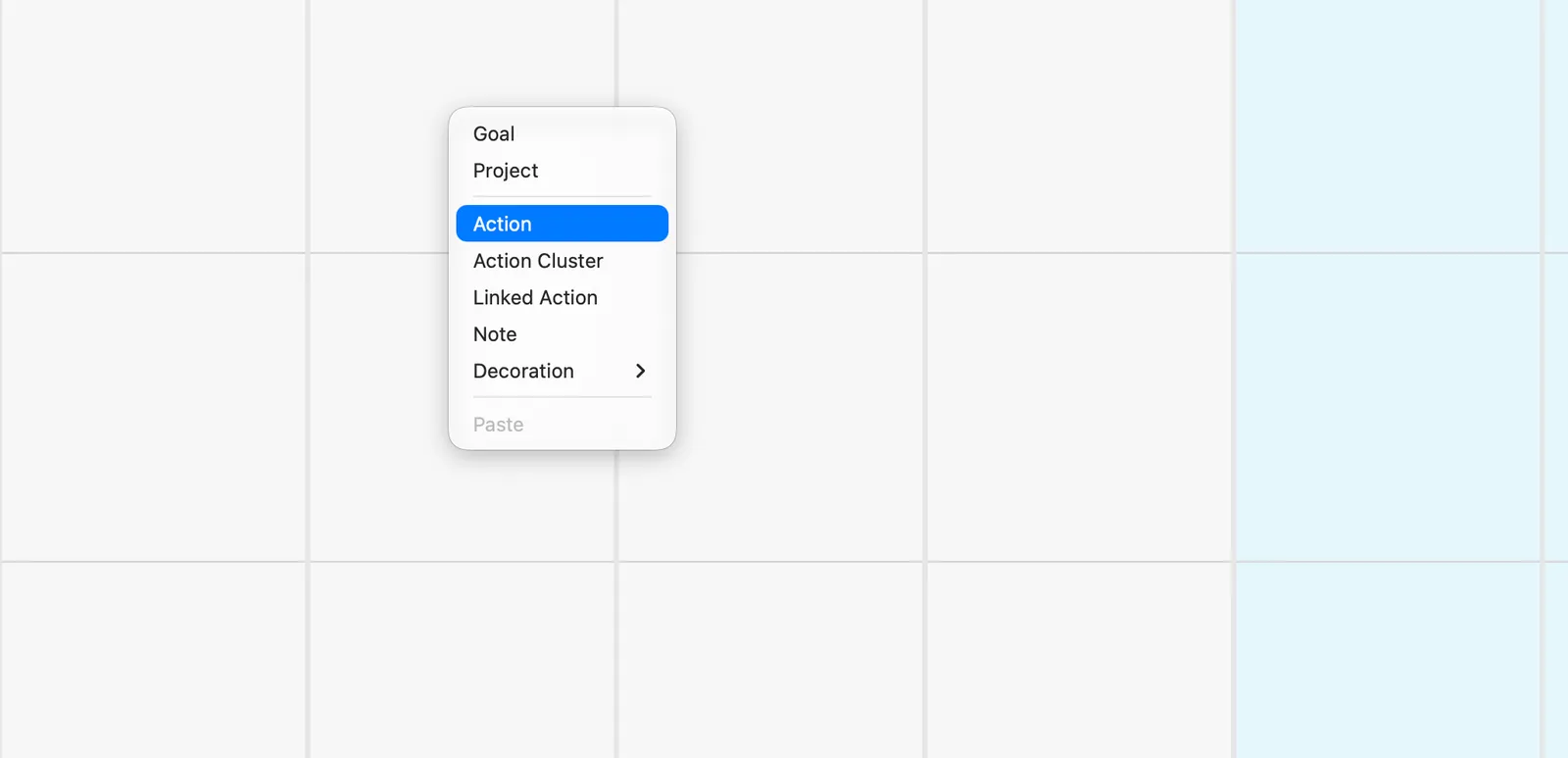 The right-click menu inside a container, with Action highlighted