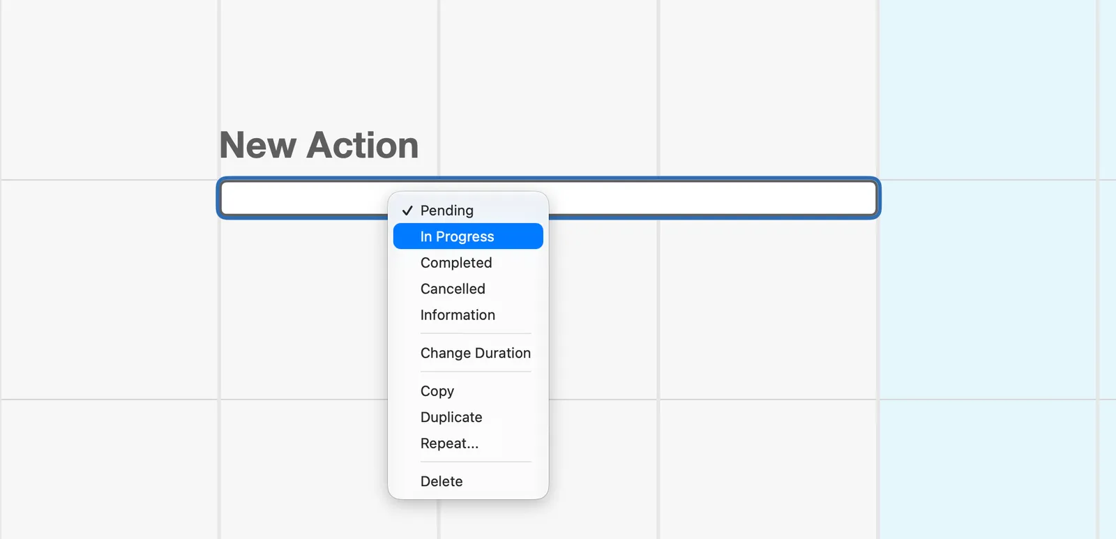 The Action’s right-click menu with In Progress highlighted