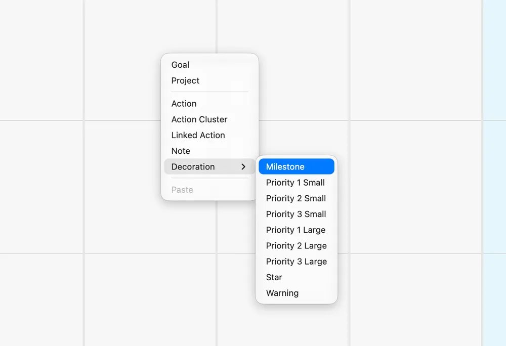 The interior right-click menu with the Decoration submenu open, listing Milestone, Priority 1 to 3 Small, Priority 1 to 3 Large, Star, and Warning