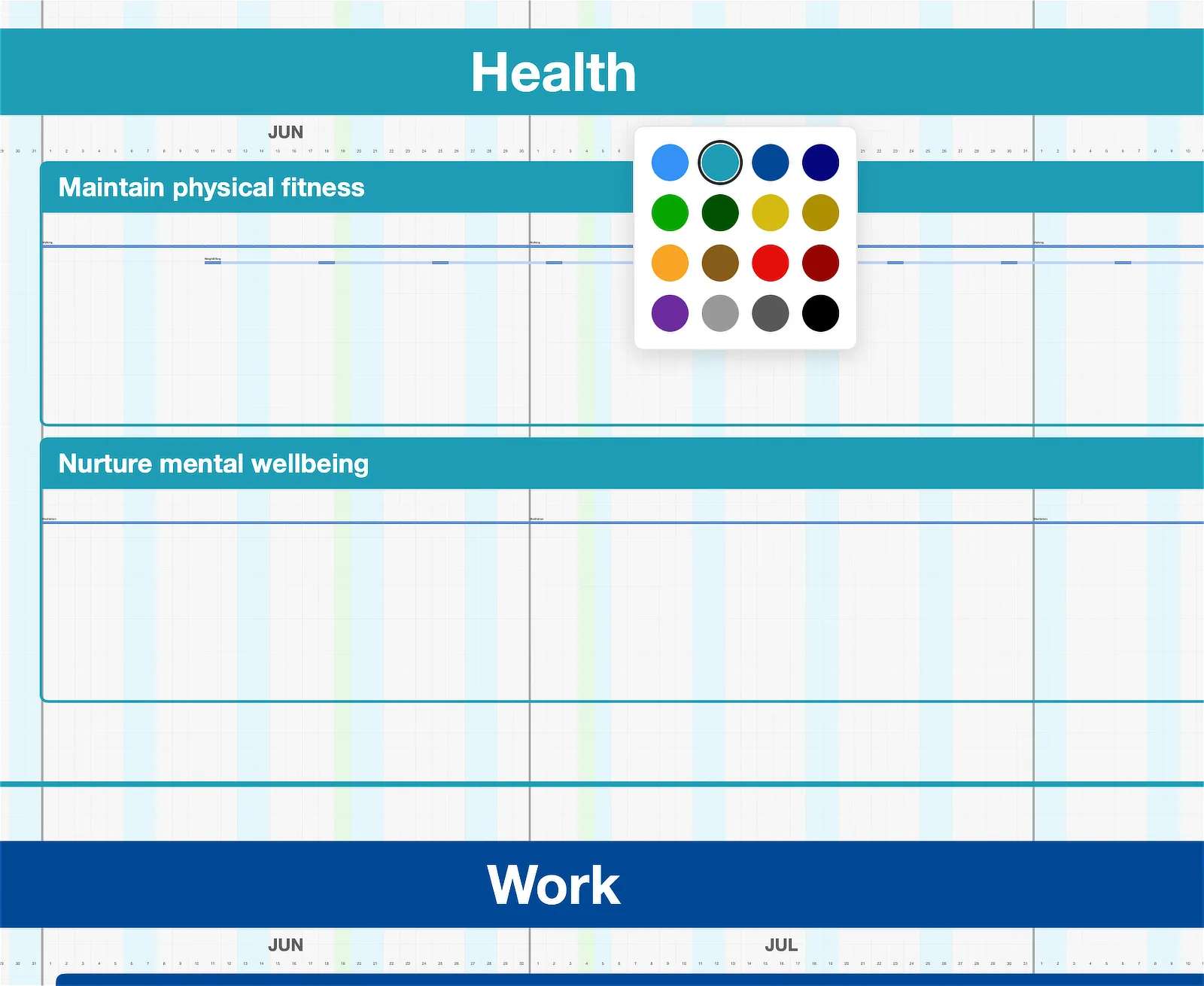 The color palette open, with two differently colored Dimensions on the canvas behind it