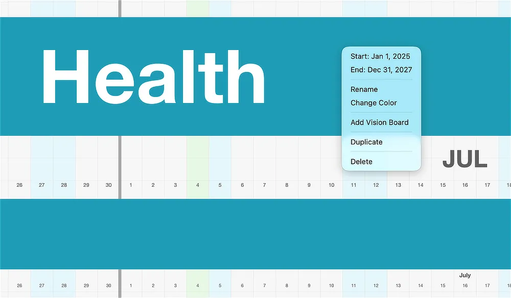 The right-click menu open on a Dimension header, showing its start and end dates, Rename, Change Color, Show Vision Board, Duplicate, and Delete