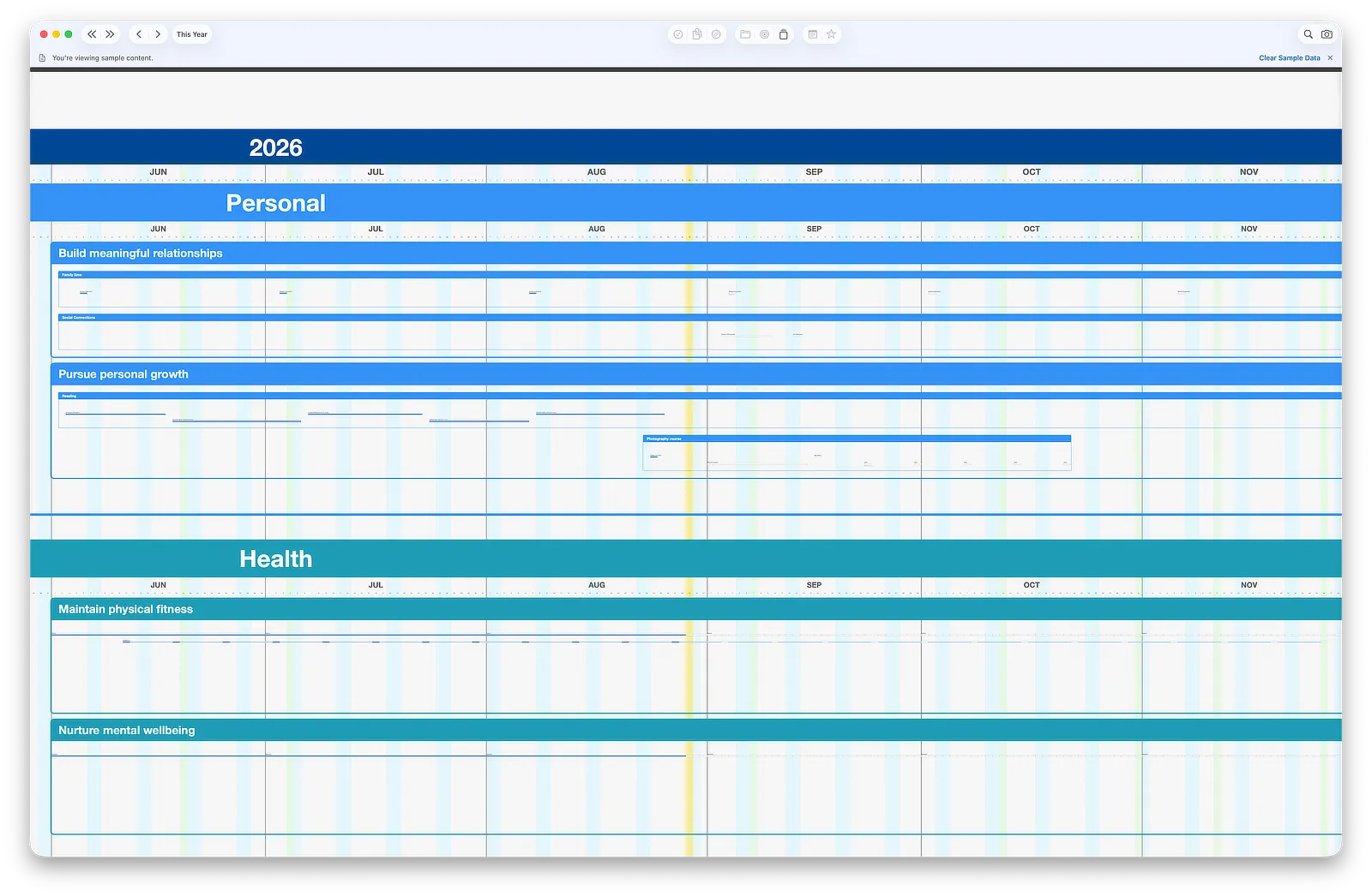 The canvas exactly as it appears at first launch: partially zoomed, centered on today, with the sample-content banner visible at the top
