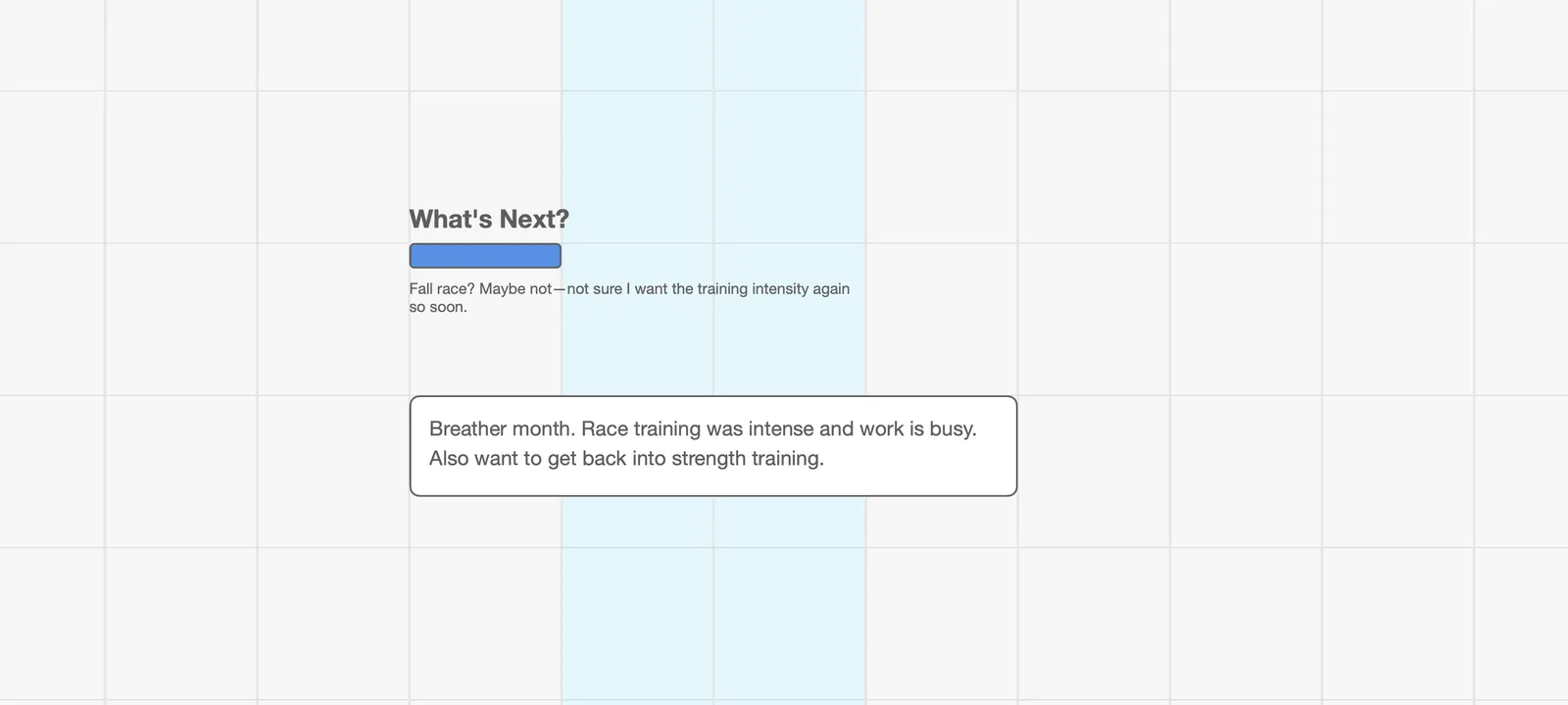 An Action titled “What’s Next?” with a two-line comment under its bar, and a separate Note below it about taking a breather month