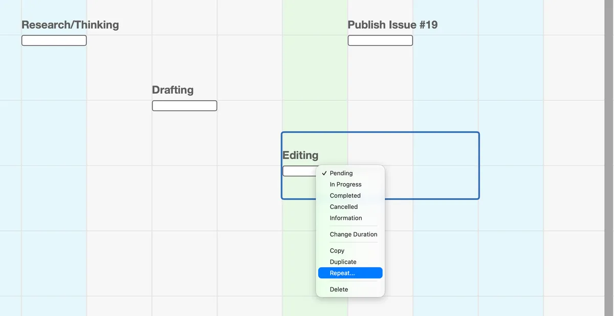 The right-click menu on an “Editing” Action, with Repeat… highlighted below Duplicate