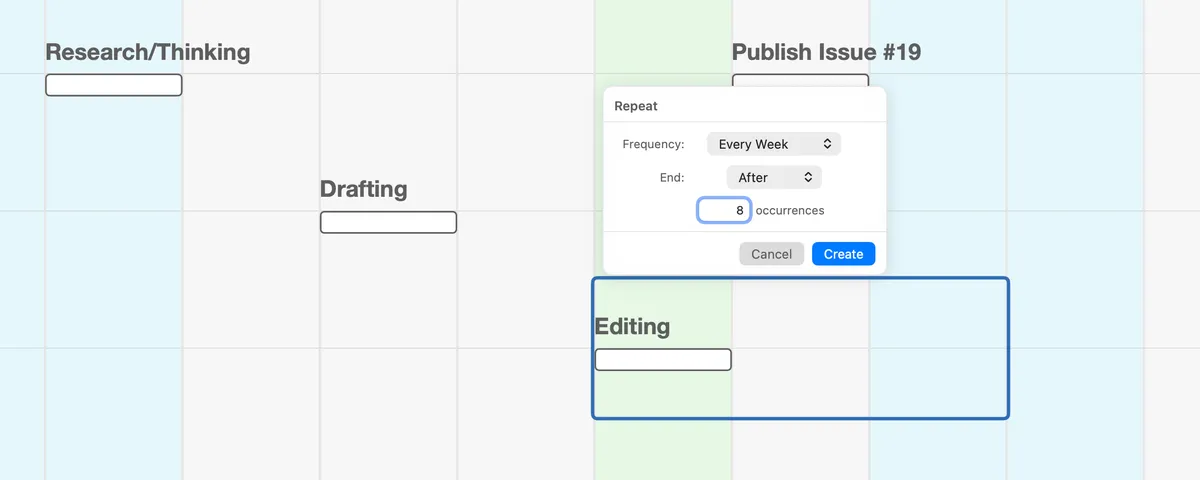 The Repeat popover: Frequency set to Every Week, End set to After 8 occurrences, with Cancel and Create