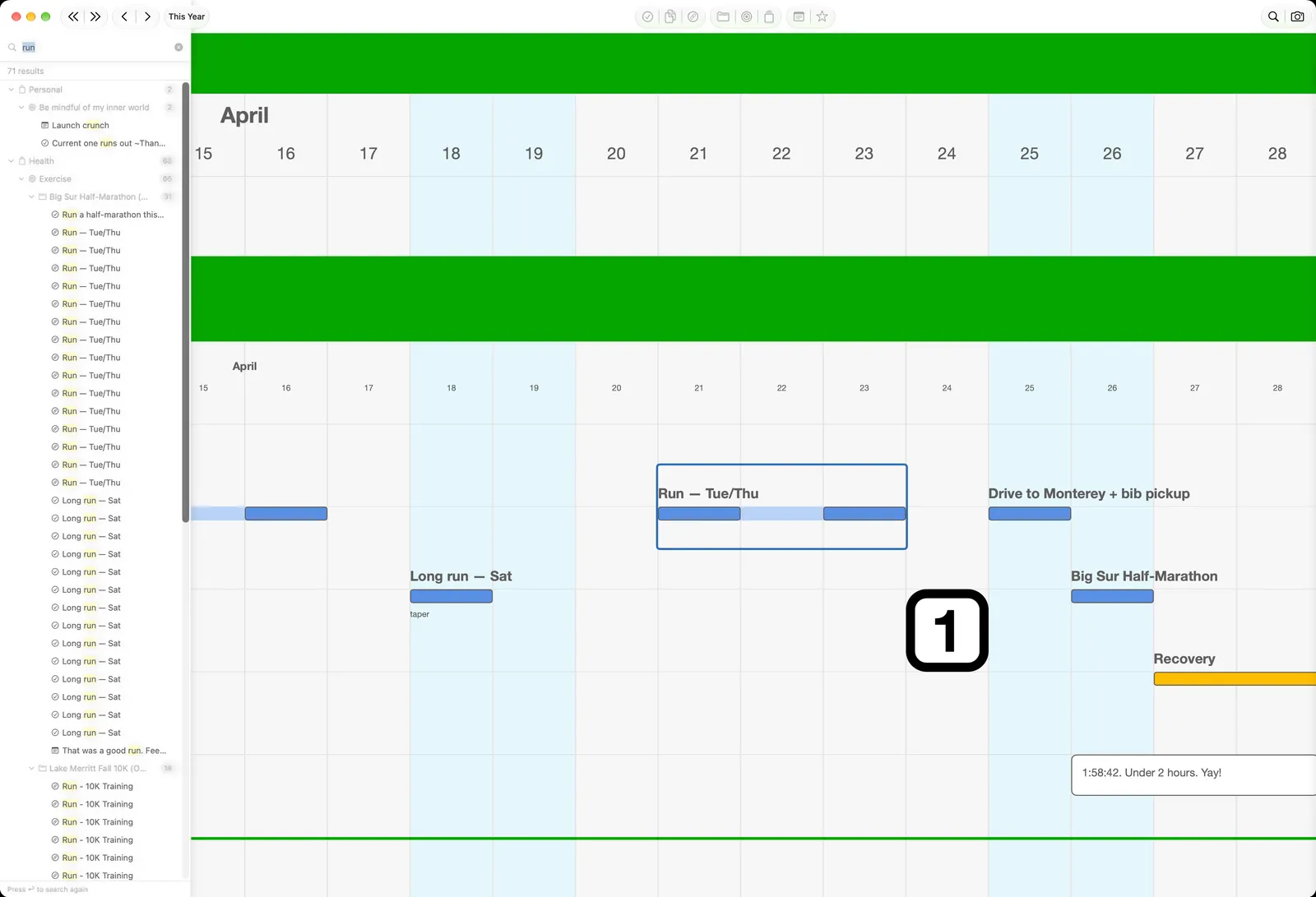 A “Run — Tue/Thu” Action selected on the canvas after clicking its search result, with the results panel still open on the left