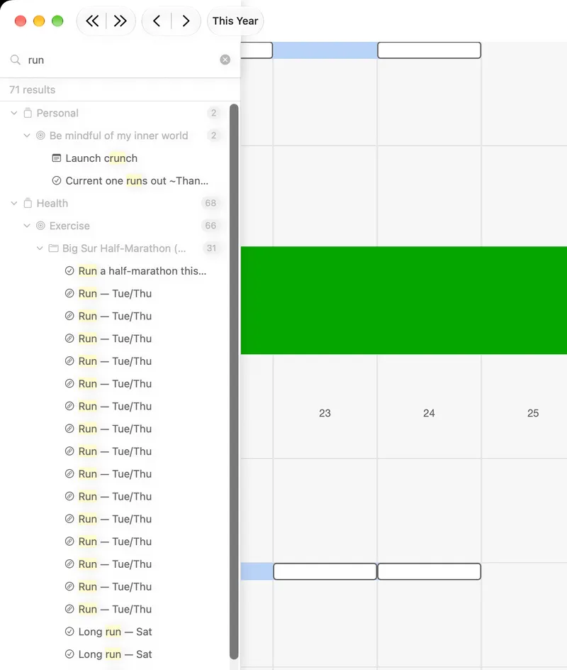 The search panel with “run” entered: 71 results, arranged under Personal and Health, with the matching letters highlighted