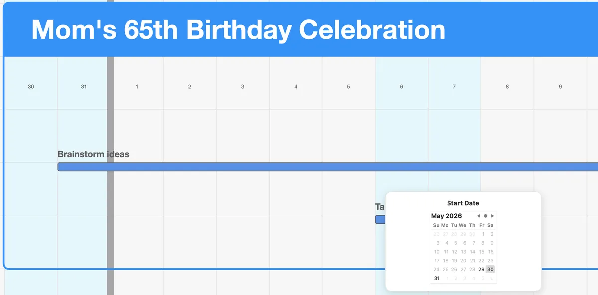 The Start Date calendar open below the Project’s header