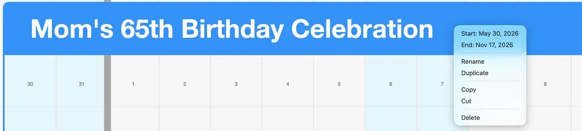 A Project’s header menu, with its Start and End dates at the top
