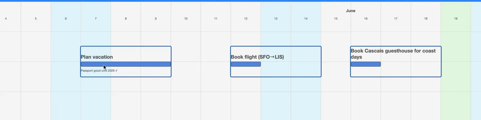 Three selected trip-planning Actions moved together to new dates