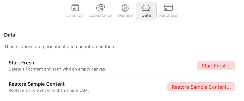 Settings on the Data tab: “These actions are permanent and cannot be undone,” with the Start Fresh and Restore Sample Content buttons