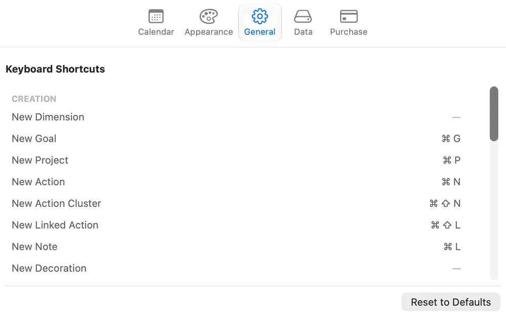 Settings on the General tab: the Keyboard Shortcuts list, starting with the Creation group, and the Reset to Defaults button