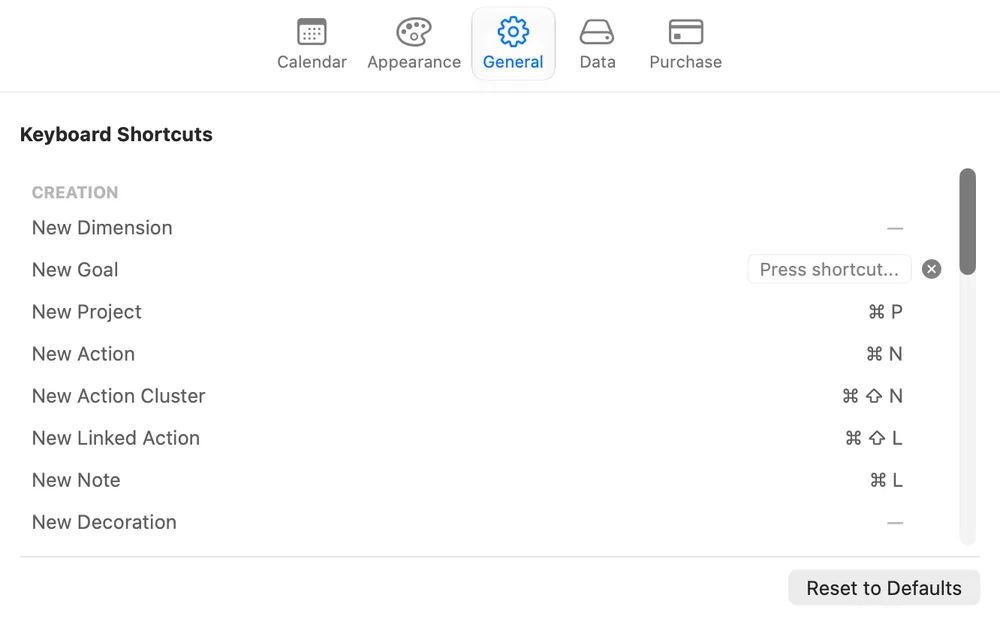Settings on the General tab, with New Goal’s shortcut being changed: its row shows “Press shortcut…” where Cmd+G was