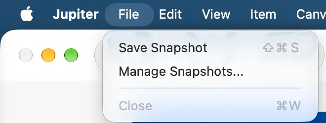 The File menu with Save Snapshot (Shift-Command-S) and Manage Snapshots
