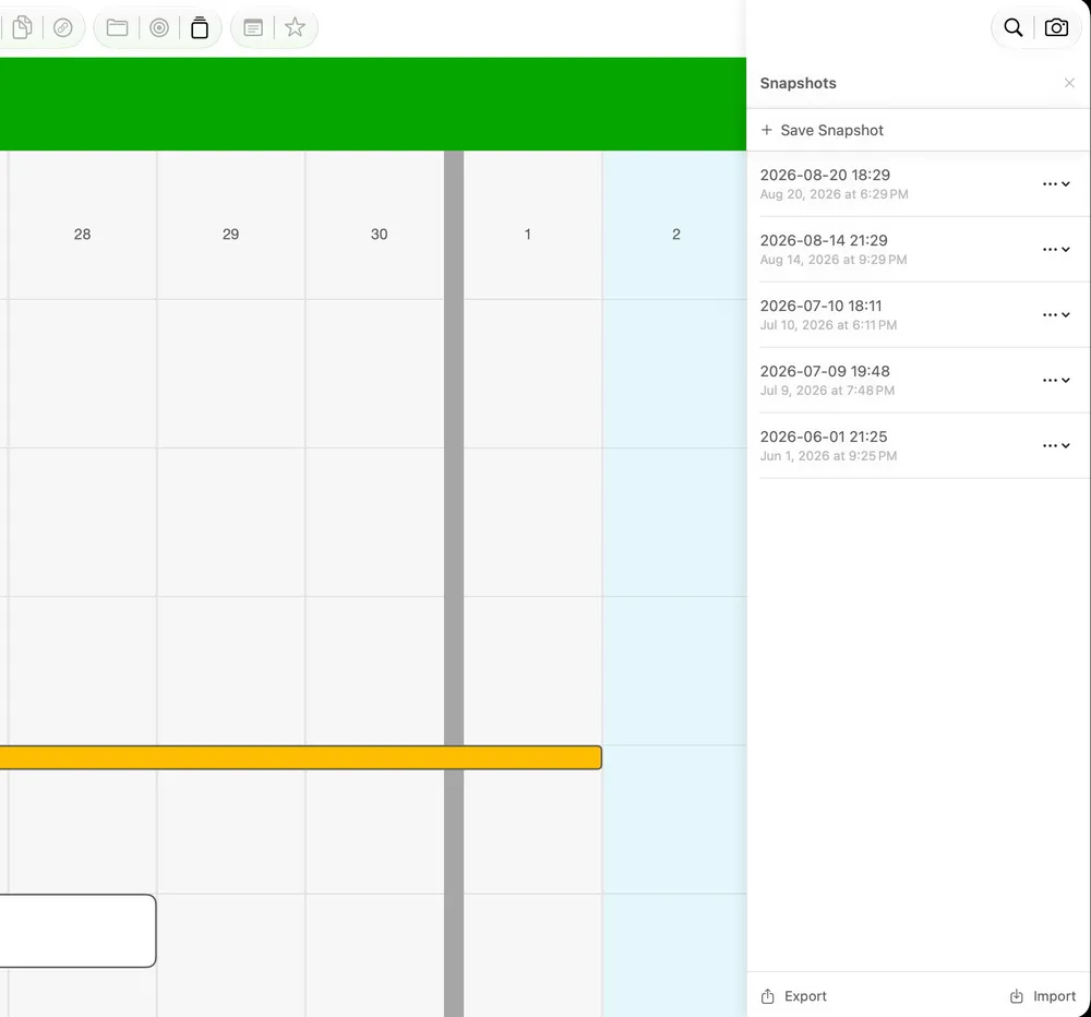 The Snapshots panel on the right of the canvas, listing five dated snapshots under a Save Snapshot button
