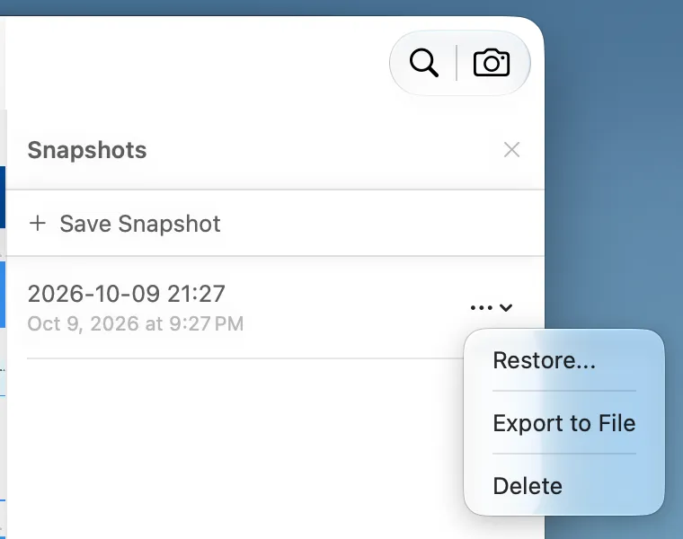 A snapshot’s menu, with Restore, Export to File, and Delete
