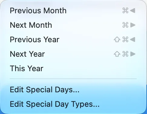 The Calendar menu, with Edit Special Days and Edit Special Day Types at the bottom