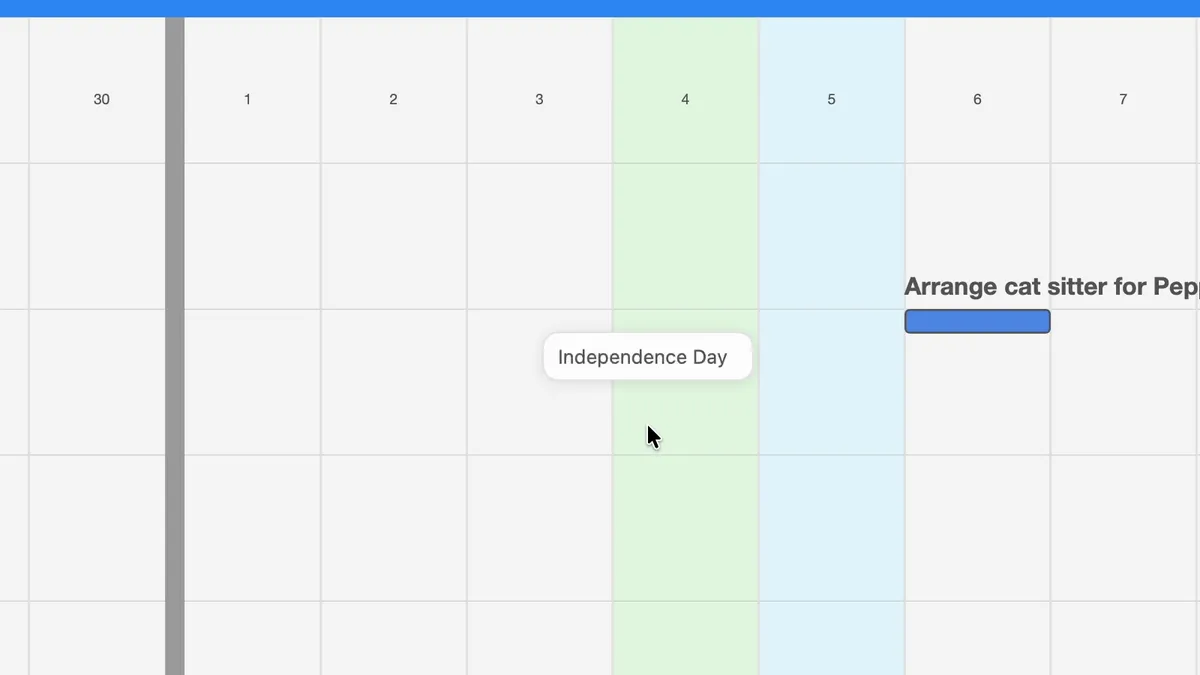 The Fourth of July column tinted light green, with a popover reading “Independence Day”; the weekend day beside it is light blue