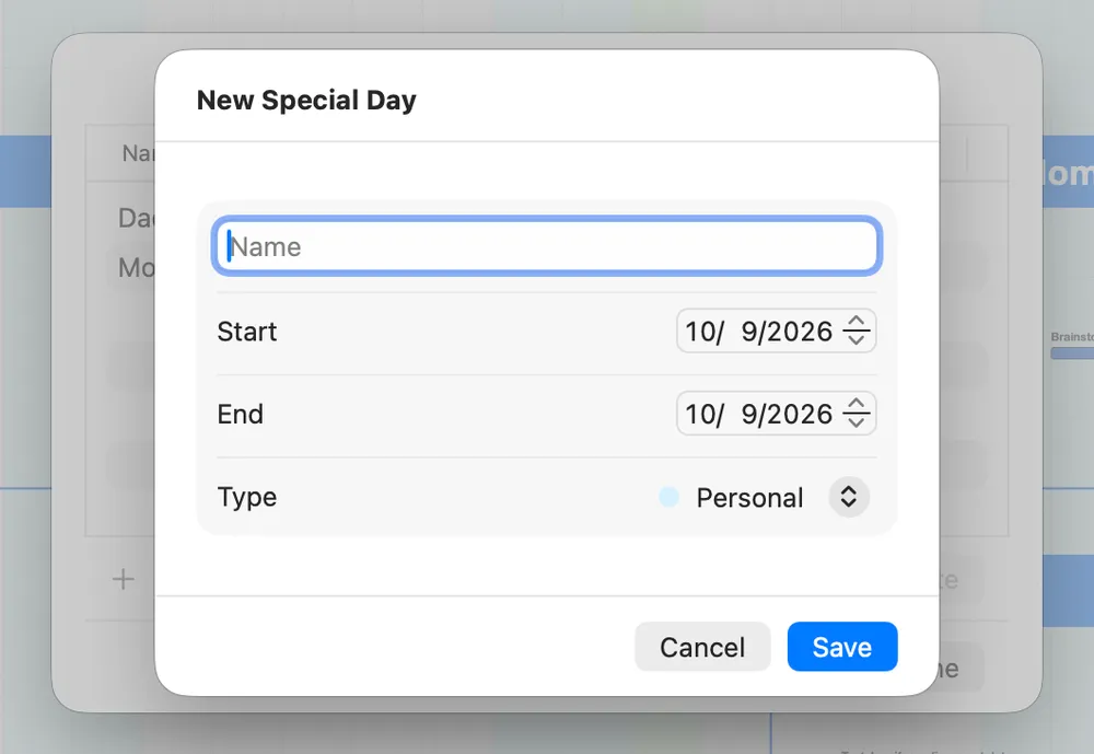 The New Special Day form, with Name, Start, End, and Type fields and Cancel and Save buttons