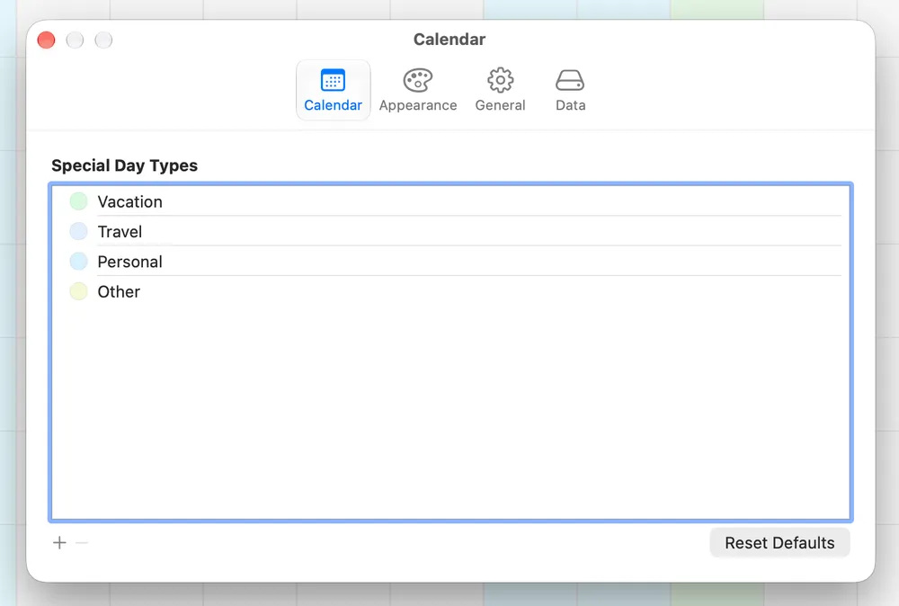 Jupiter’s Settings on the Calendar tab, listing the Special Day Types Vacation, Travel, Personal, and Other