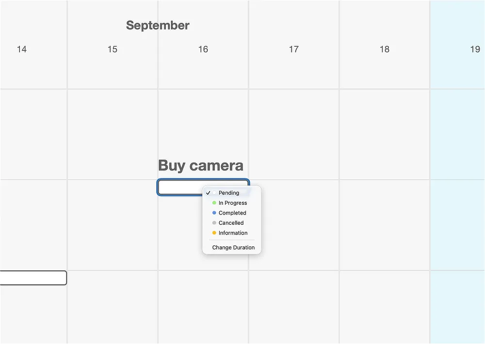 The compact status popover open on an Action, showing the five statuses and Change Duration