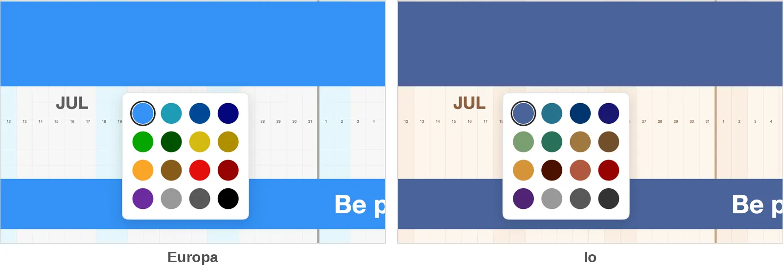 The Change Color palette in Europa and in Io: the same 16 positions, each translated into that theme’s version of the color