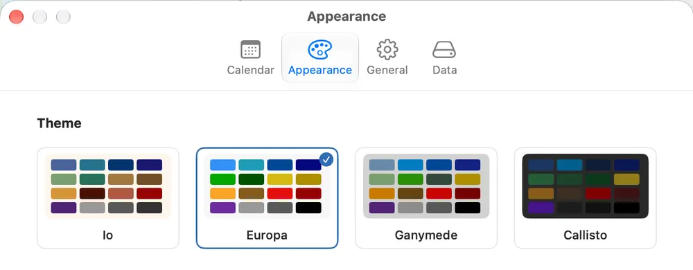 The Appearance tab in Settings, showing the four themes as palette cards: Io, Europa (selected), Ganymede, and Callisto