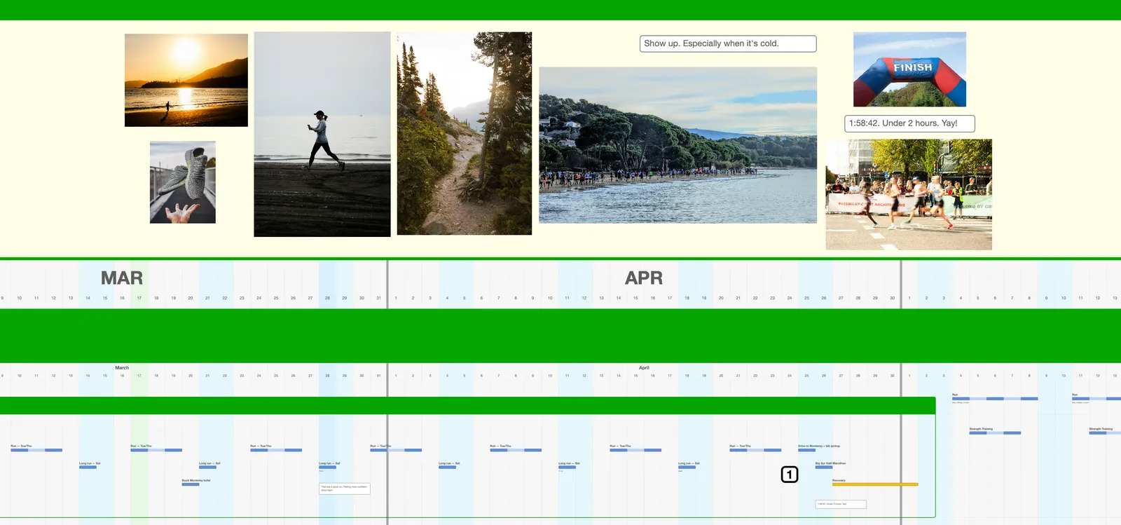A Health Vision Board with running photos, a finish-line arch, and two short Notes, above the race-training plan for March and April