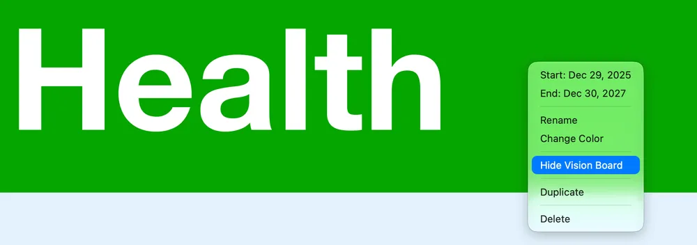 The Health Dimension’s header menu with Hide Vision Board highlighted