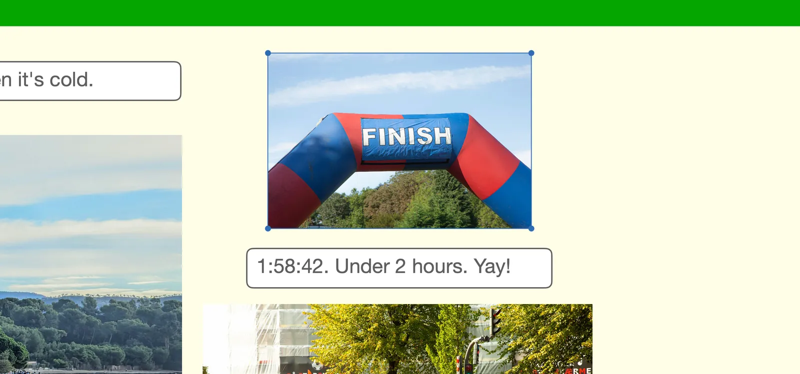 A finish-line photo selected on the board, with a handle at each corner